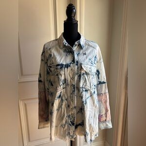 We The Free / Free People Sunshine Coast Patchwork Tye Dye Denim Top